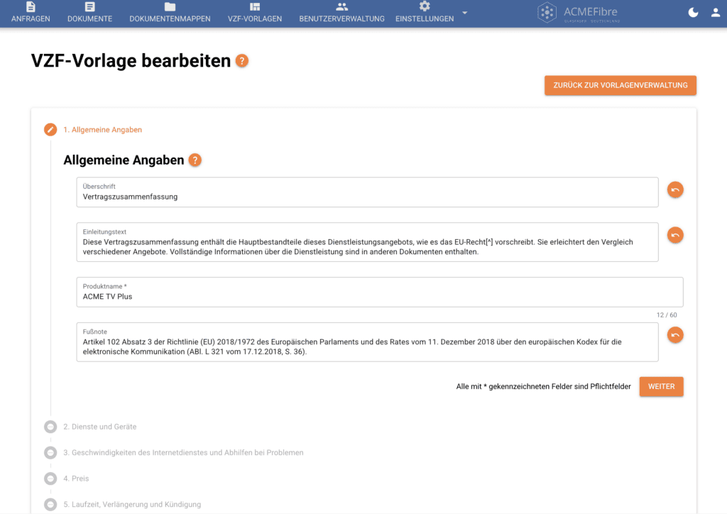Screenshot DMS42 EECC - VZF-Vorlage bearbeiten